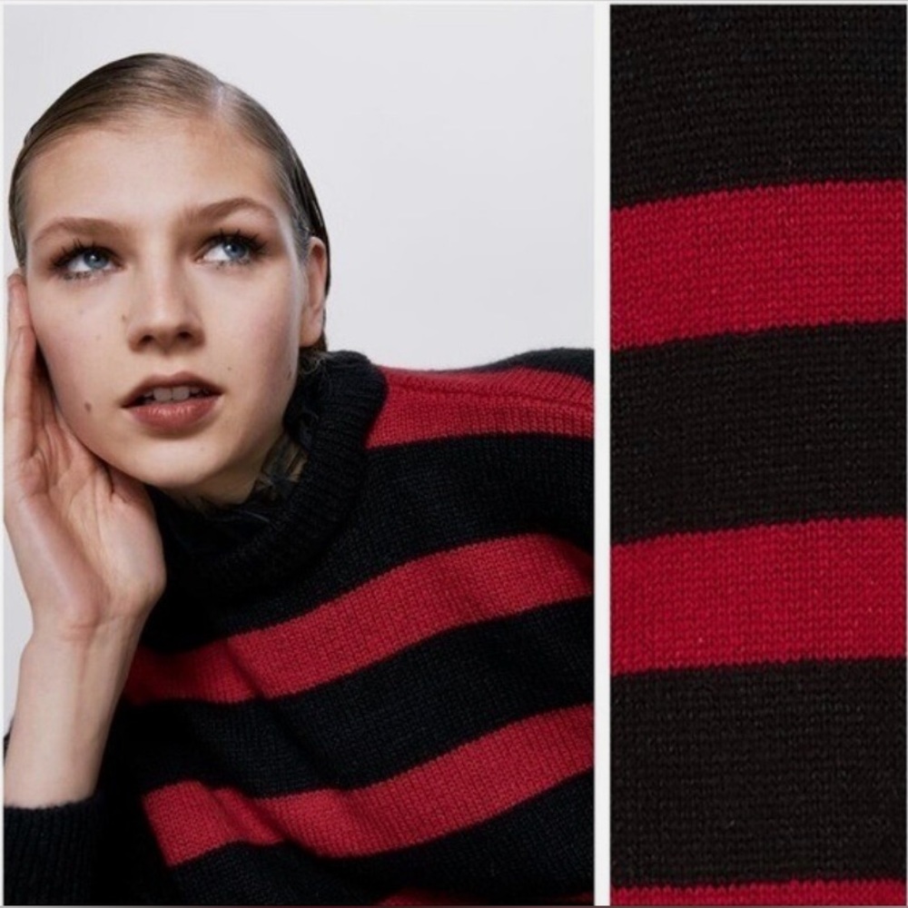 Zara Red/Black Striped Mohair Knit Sweater Detachable Tulle Collar NWT S - Picture 3 of 15